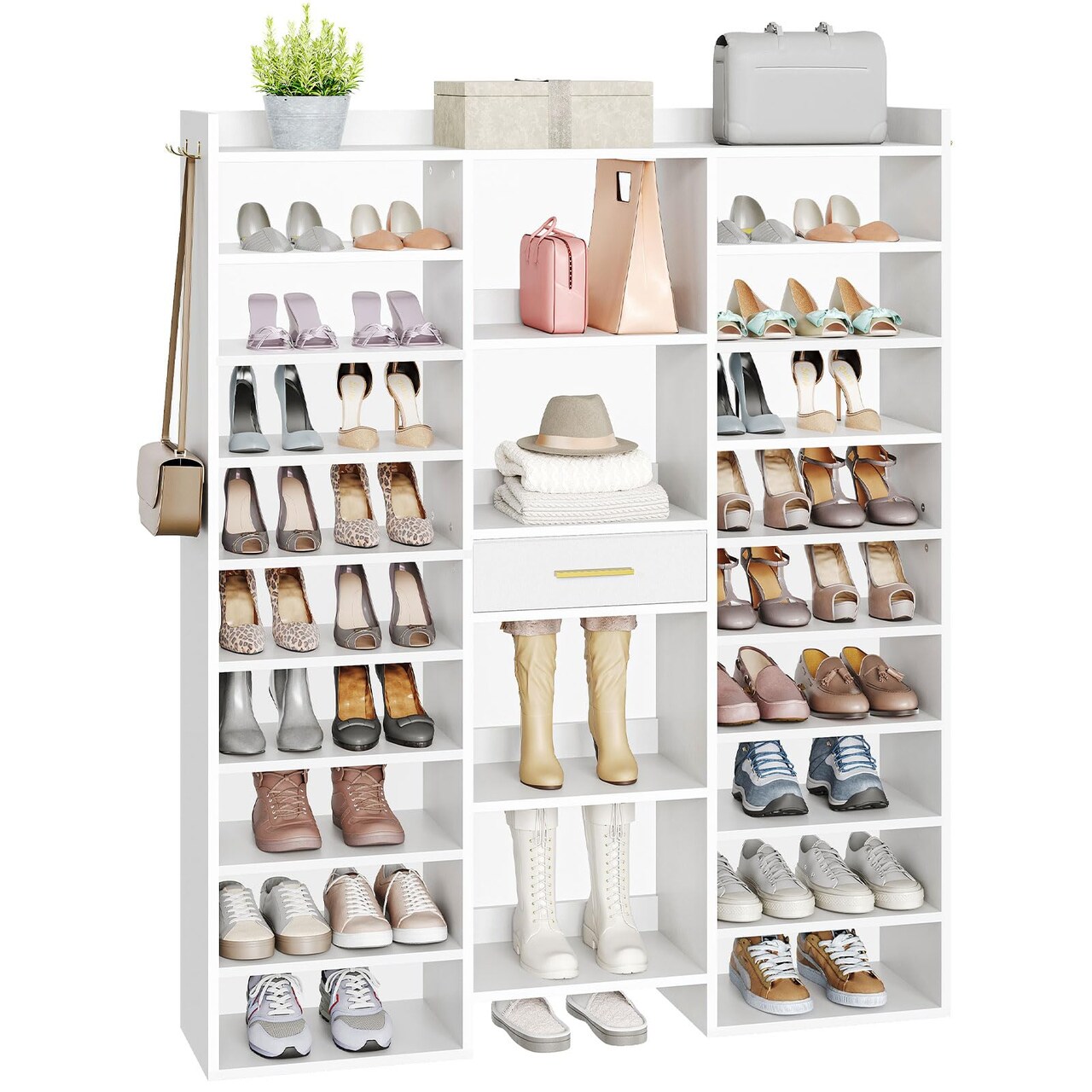 Tall Shoe Organizer with 10 Shelves, Non-Woven Drawer and Hanging Hooks
